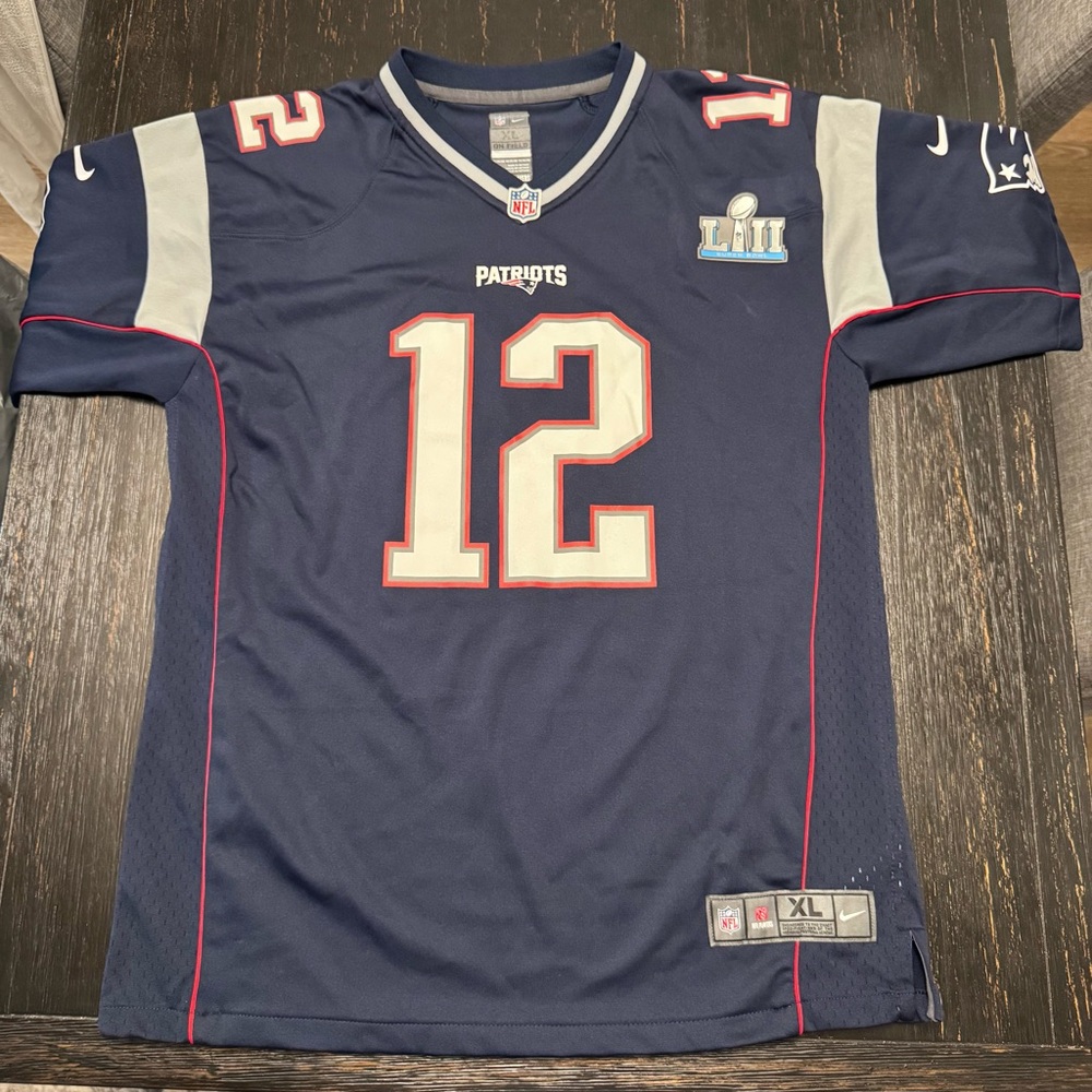 Nike Navy and White Tom Brady Patriots #12 Football Jersey with Red Trim